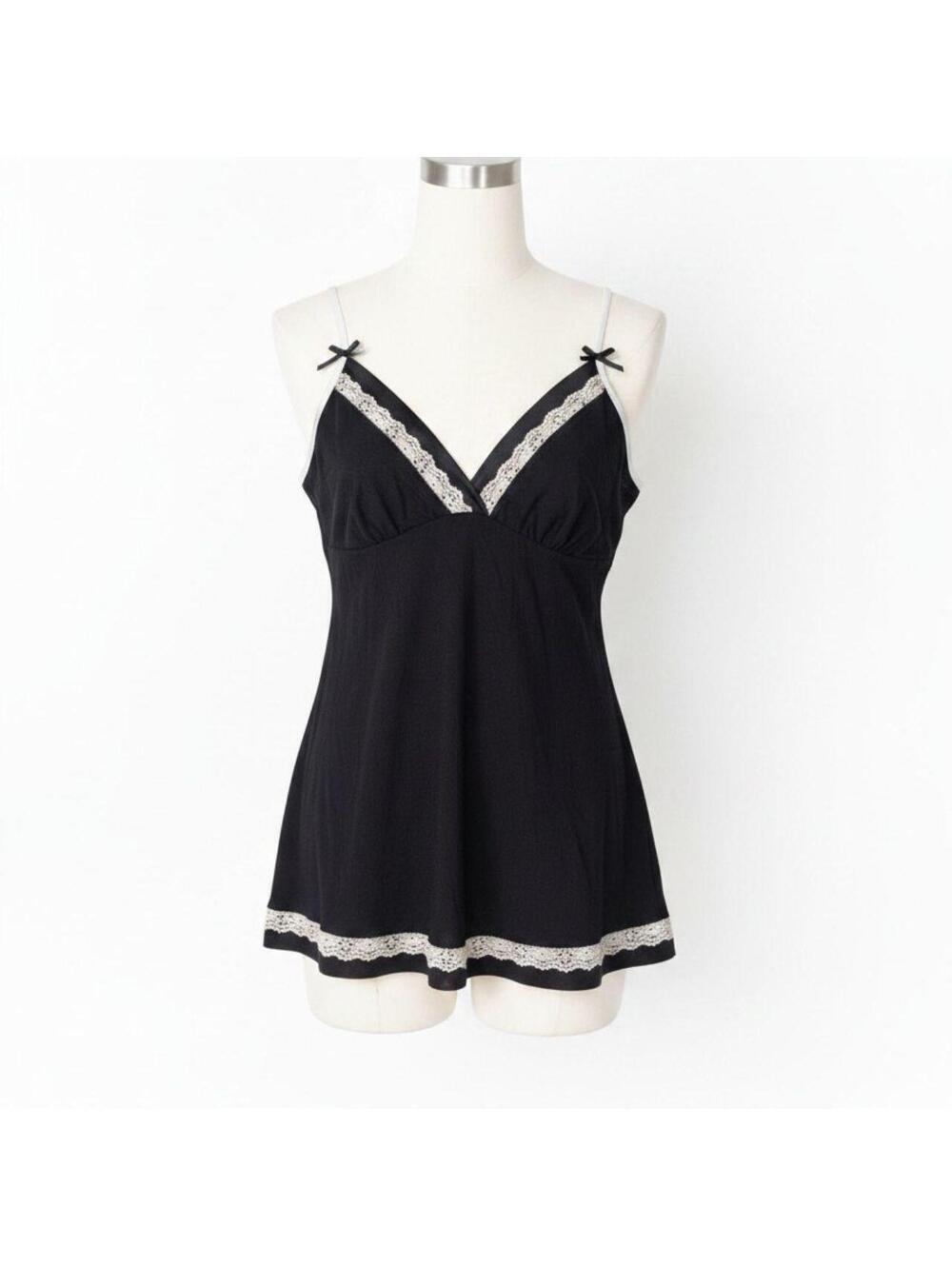 Black Women's Tank Top with White Lace Trim, Size Medium, Good Condition